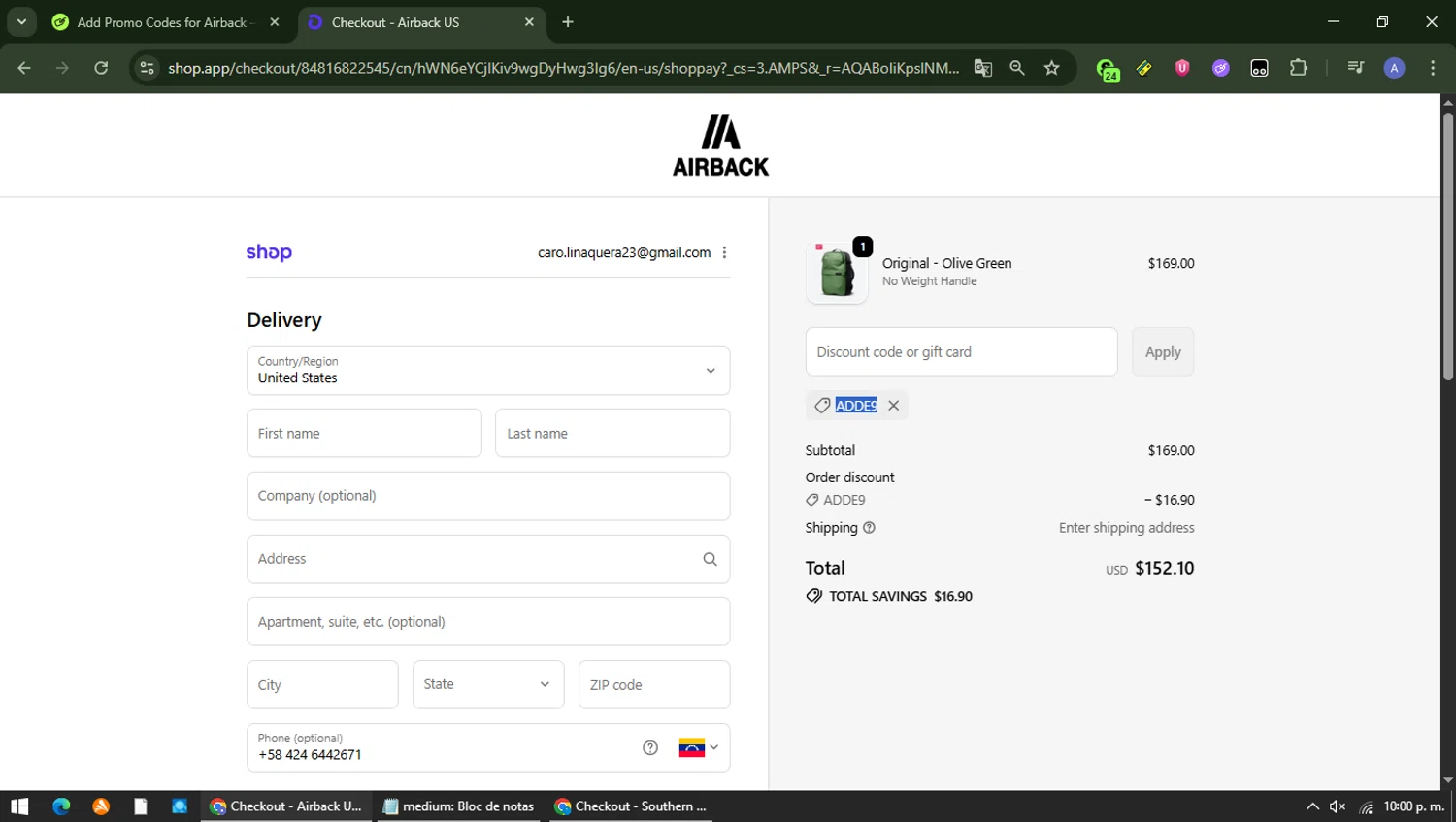 Airback discount code screenshot showing code ADDE9 applied at Airback checkout page. Uploaded by SimplyCodes community member Carolina23 on Jan 6, 2026