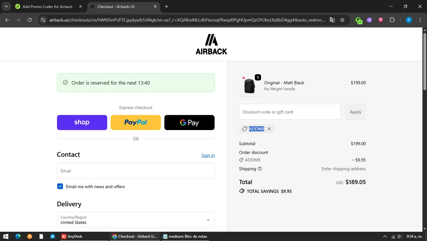 Airback discount code screenshot showing code ADDW8 applied at Airback checkout page. Uploaded by SimplyCodes community member MAVESA on Dec 27, 2025