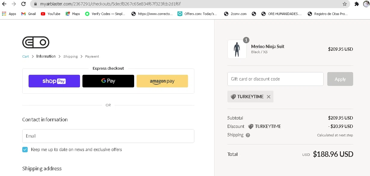 Airblaster checkout page showing Airblaster discount code box | Screenshot taken by SimplyCodes community member on Nov 26, 2020