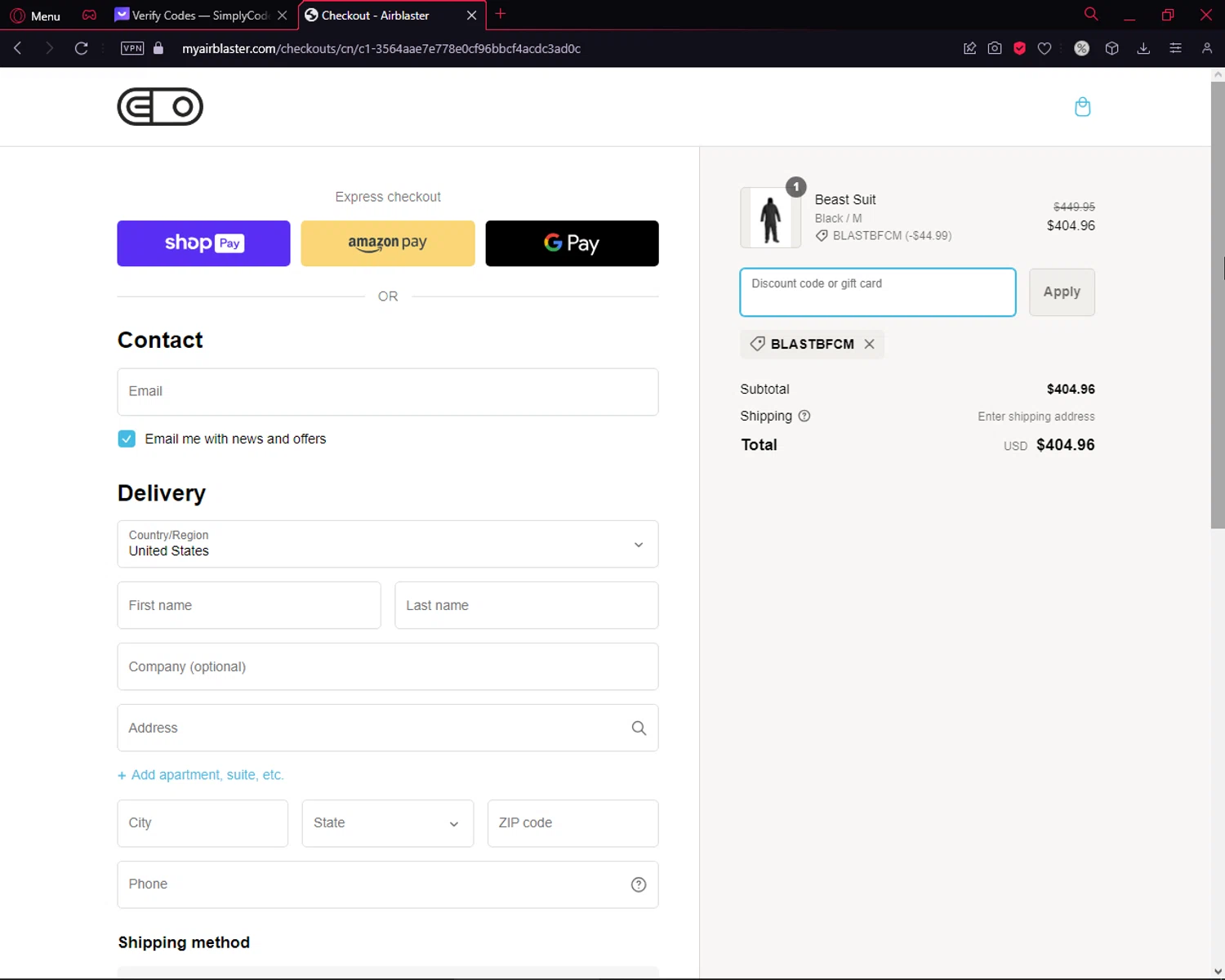 Airblaster checkout page showing Airblaster discount code box | Screenshot taken by SimplyCodes community member on Nov 23, 2023