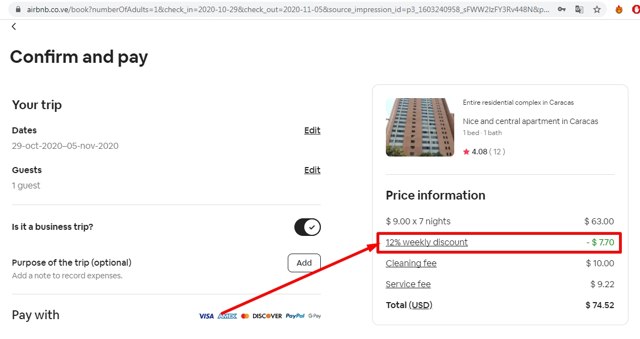 Airbnb checkout page showing Airbnb promo code box | Screenshot taken by SimplyCodes community member on Oct 20, 2020