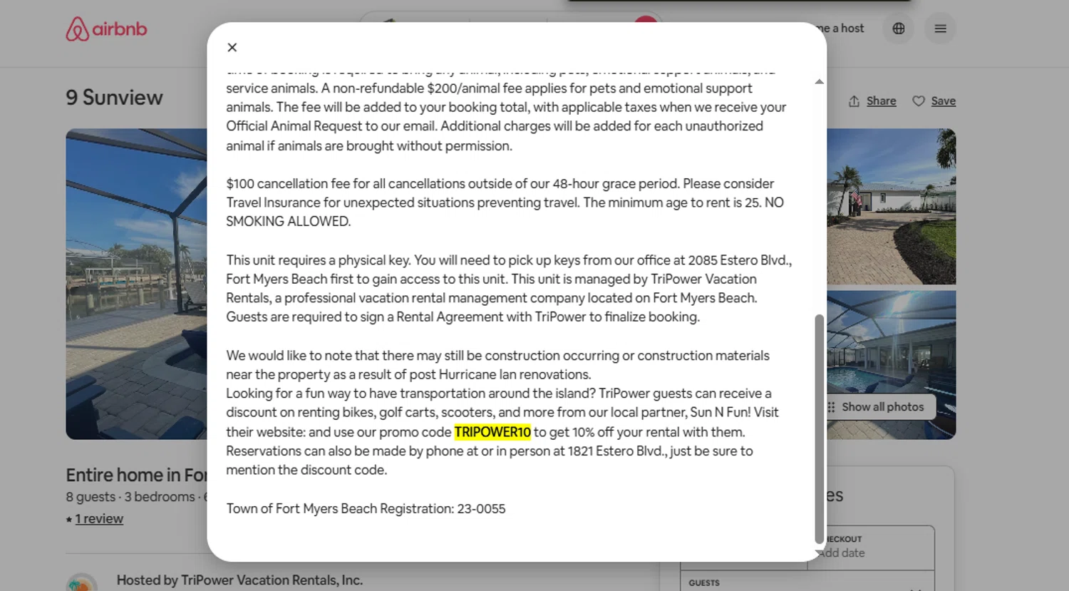 Airbnb promo code screenshot showing code TRIPOWER10 applied at Airbnb checkout page. Uploaded by SimplyCodes community member SimplyCVerlie on Jun 30, 2025