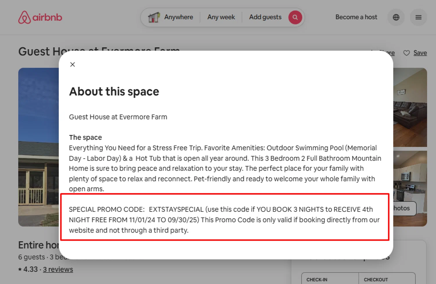 Airbnb promo code screenshot showing code EXTSTAYSPECIAL applied at Airbnb checkout page. Uploaded by SimplyCodes community member Mikasa23 on May 24, 2025