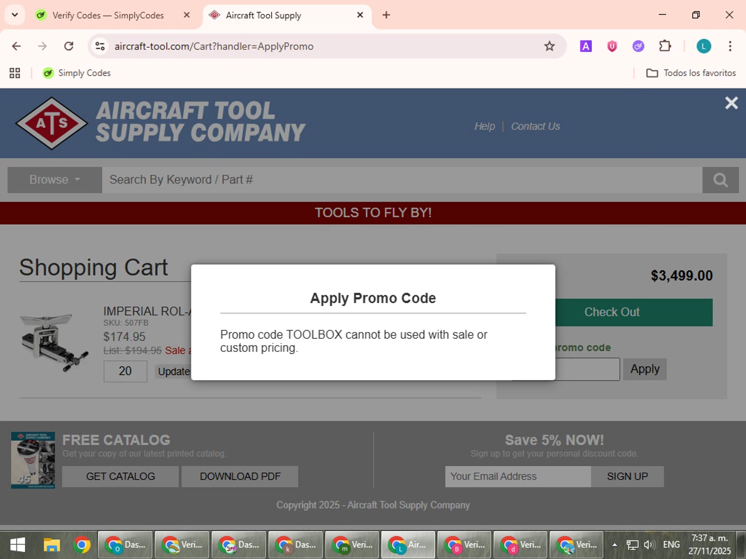 Aircraft Tool Supply promo code screenshot showing code TOOLBOX applied at Aircraft Tool Supply checkout page. Uploaded by SimplyCodes community member LuckyLegend792 on Nov 27, 2025