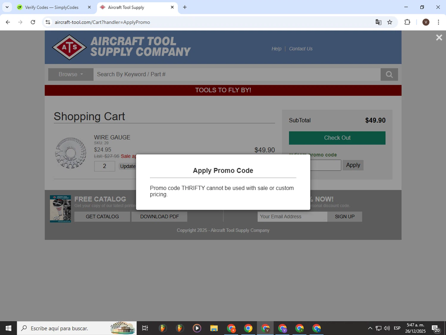 Aircraft Tool Supply promo code screenshot showing code THRIFTY applied at Aircraft Tool Supply checkout page. Uploaded by SimplyCodes community member CashLion3448 on Dec 26, 2025