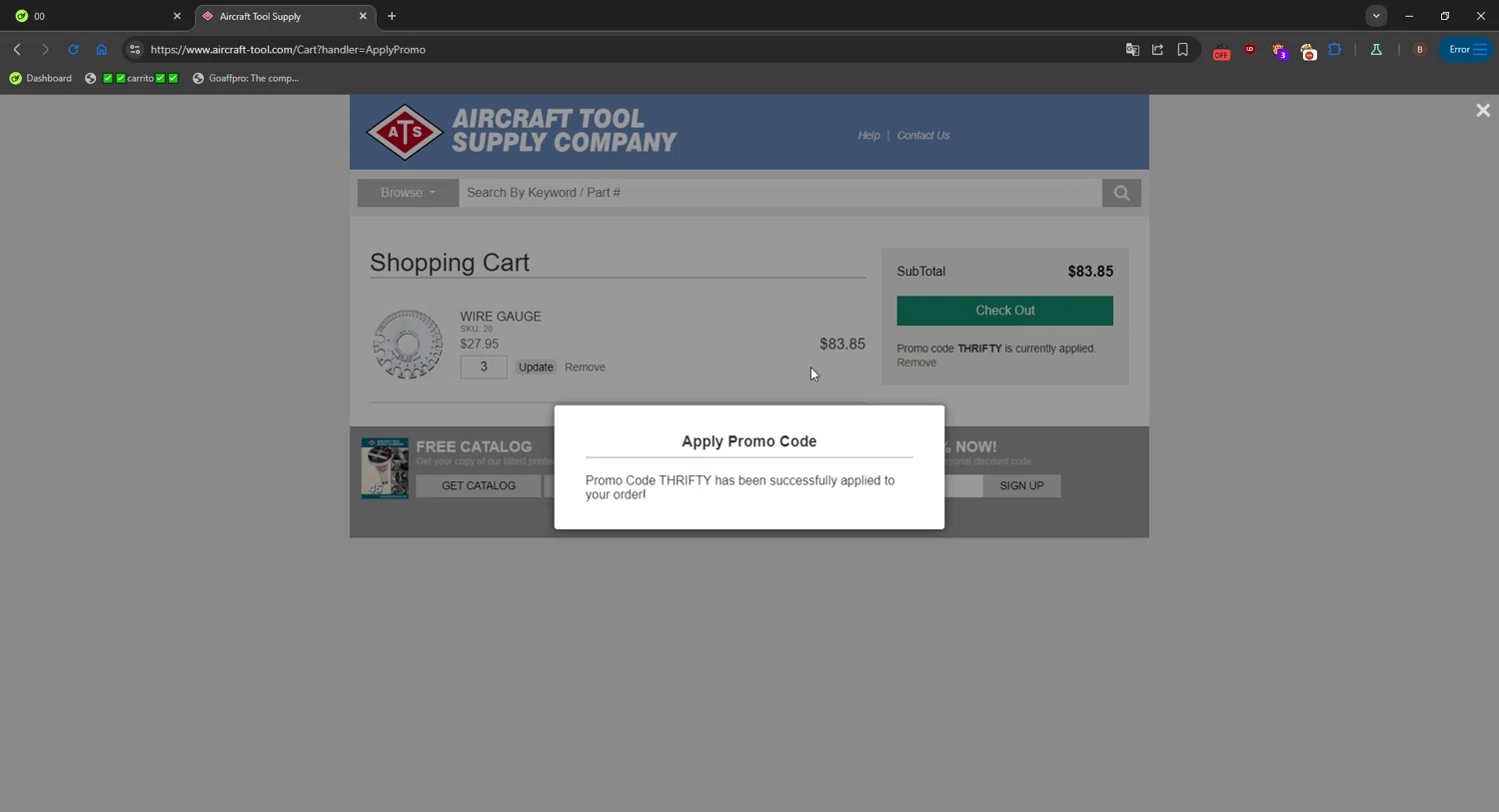 Aircraft Tool Supply checkout page showing Aircraft Tool Supply promo code box | Screenshot taken by SimplyCodes community member on Oct 30, 2025