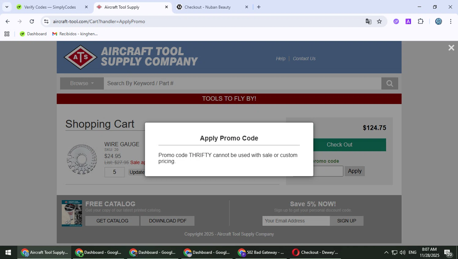 Aircraft Tool Supply promo code screenshot showing code THRIFTY applied at Aircraft Tool Supply checkout page. Uploaded by SimplyCodes community member PokeGOAT on Nov 28, 2025