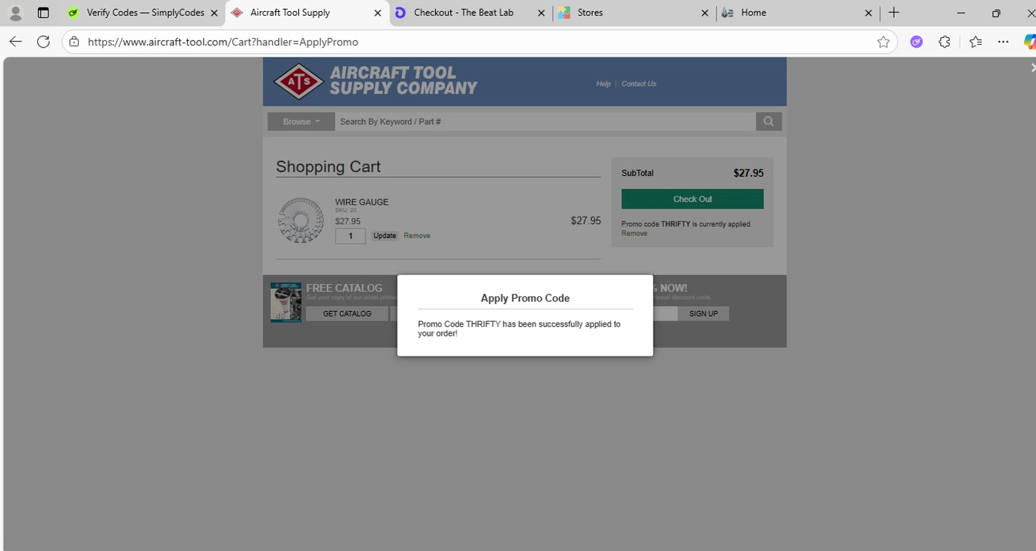 Aircraft Tool Supply checkout page showing Aircraft Tool Supply promo code box | Screenshot taken by SimplyCodes community member on Oct 30, 2025