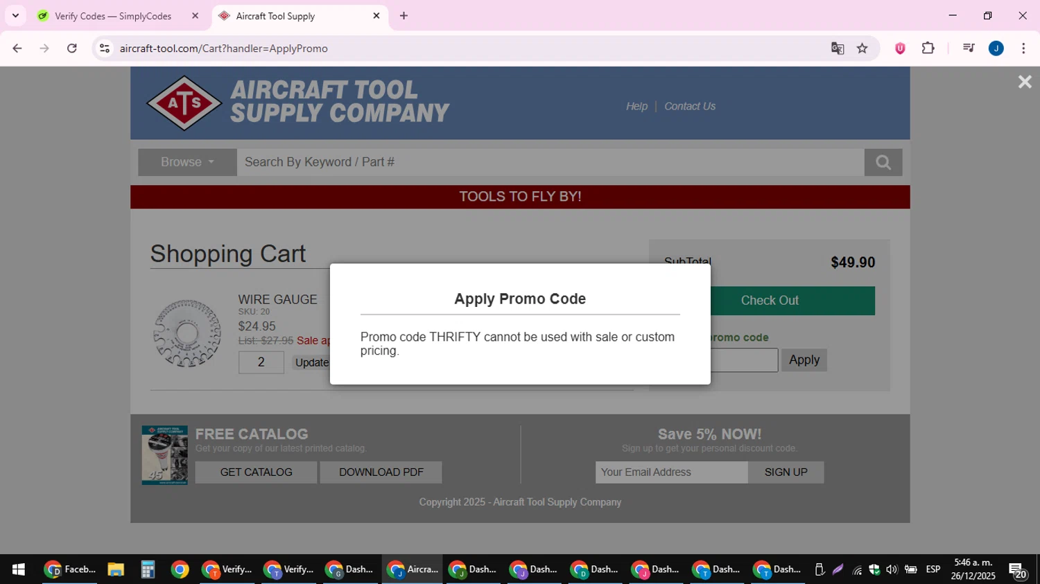 Aircraft Tool Supply promo code screenshot showing code THRIFTY applied at Aircraft Tool Supply checkout page. Uploaded by SimplyCodes community member noesmith34ur on Dec 26, 2025
