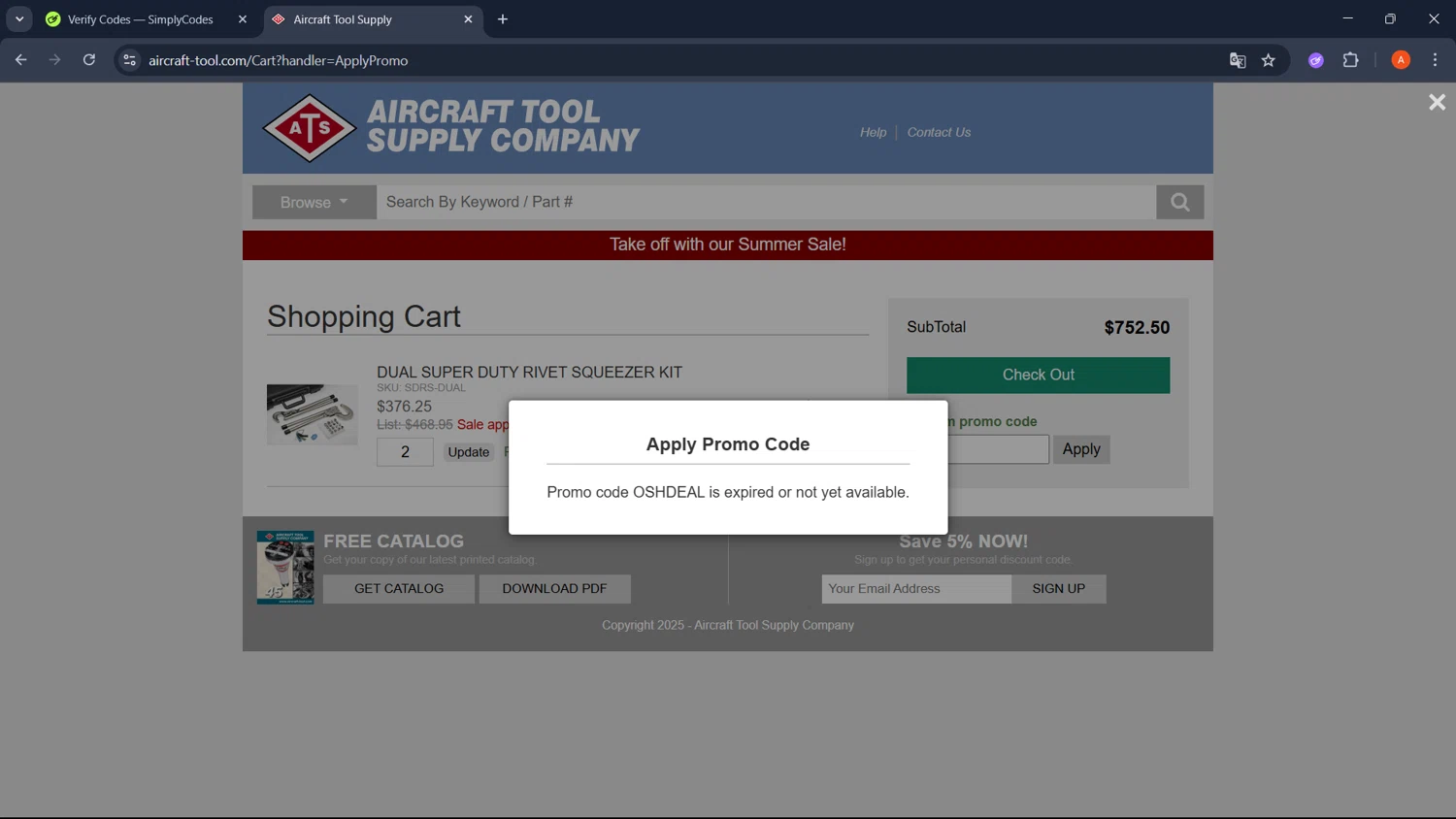 Aircraft Tool Supply promo code screenshot showing code OSHDEAL applied at Aircraft Tool Supply checkout page. Uploaded by SimplyCodes community member GoldChaser2970 on Aug 2, 2025