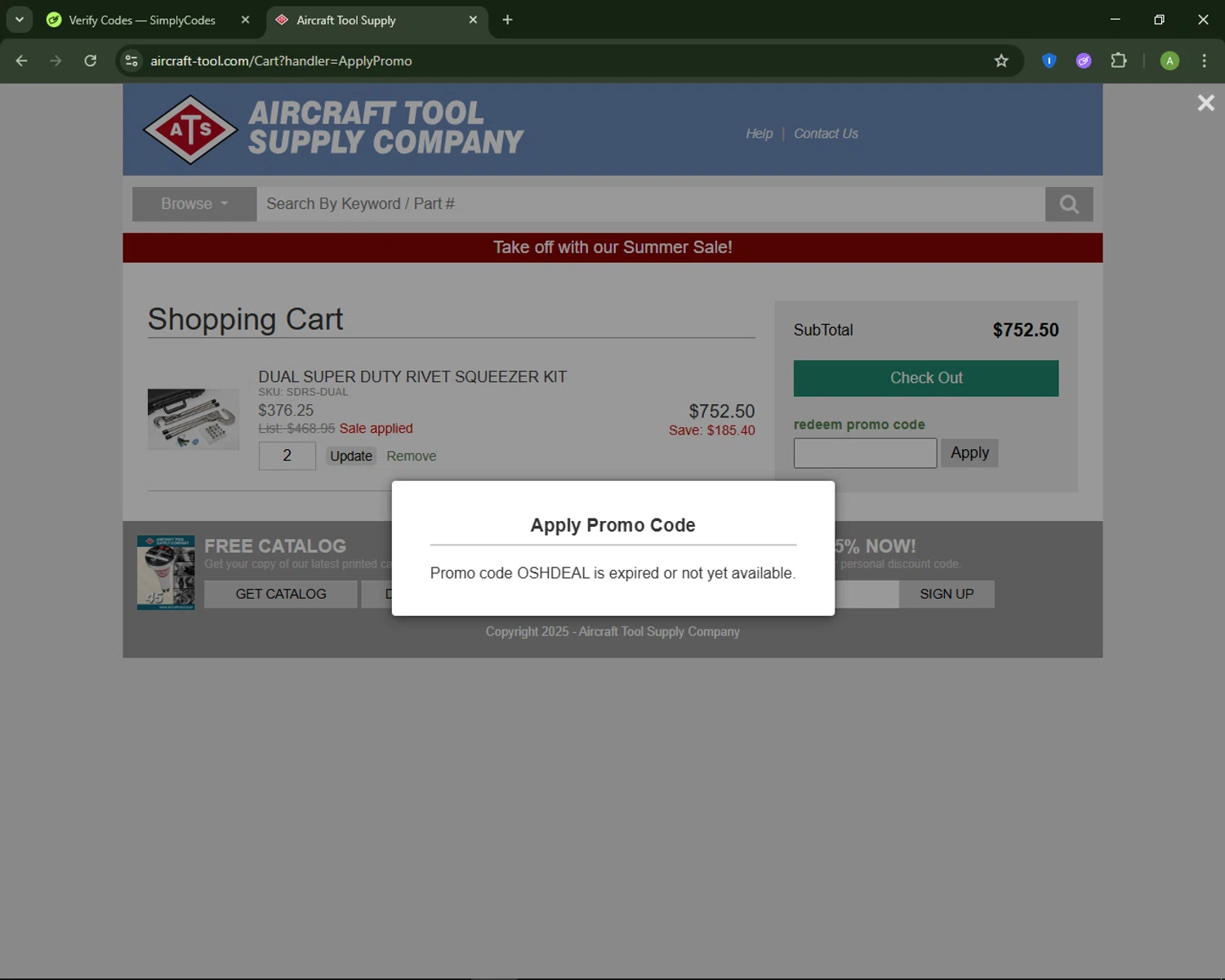Aircraft Tool Supply promo code screenshot showing code OSHDEAL applied at Aircraft Tool Supply checkout page. Uploaded by SimplyCodes community member MagnificentSaver708 on Aug 2, 2025