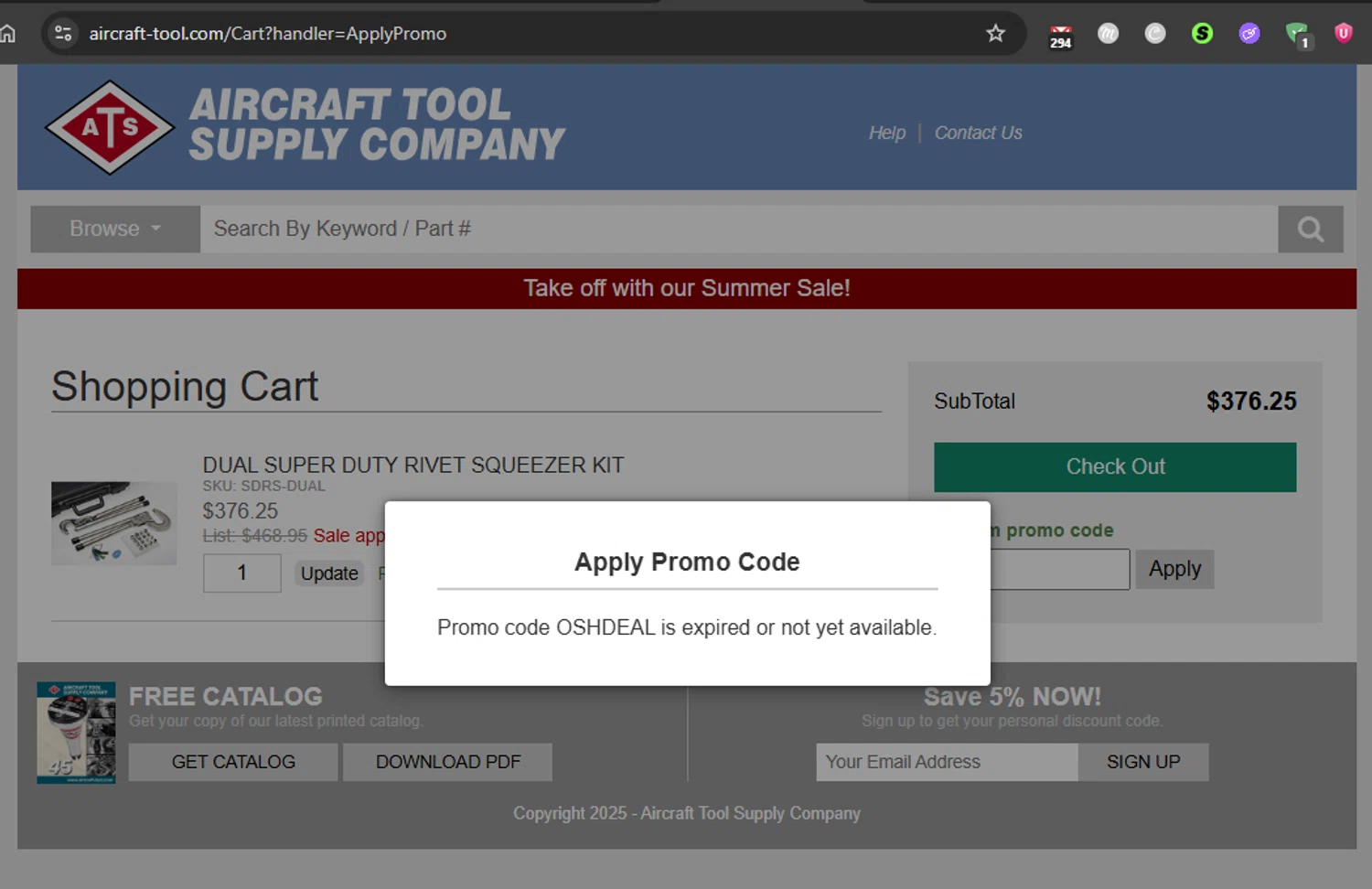Aircraft Tool Supply promo code screenshot showing code OSHDEAL applied at Aircraft Tool Supply checkout page. Uploaded by SimplyCodes community member couponcheck01 on Aug 2, 2025