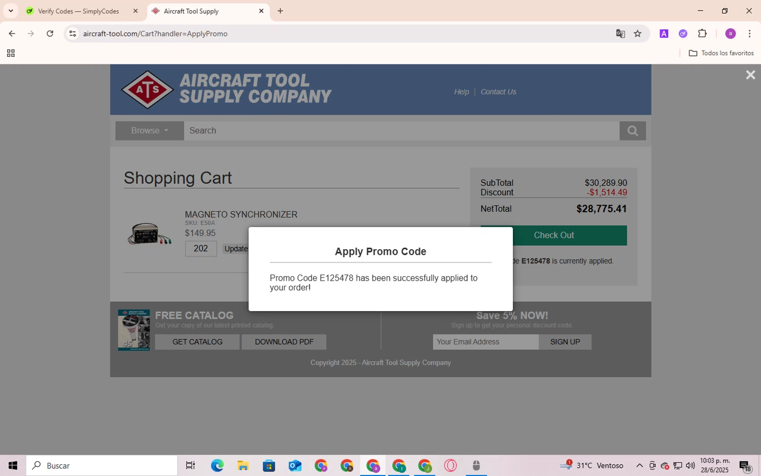 Aircraft Tool Supply promo code screenshot showing code E125478 applied at Aircraft Tool Supply checkout page. Uploaded by SimplyCodes community member Andygar on Jun 28, 2025