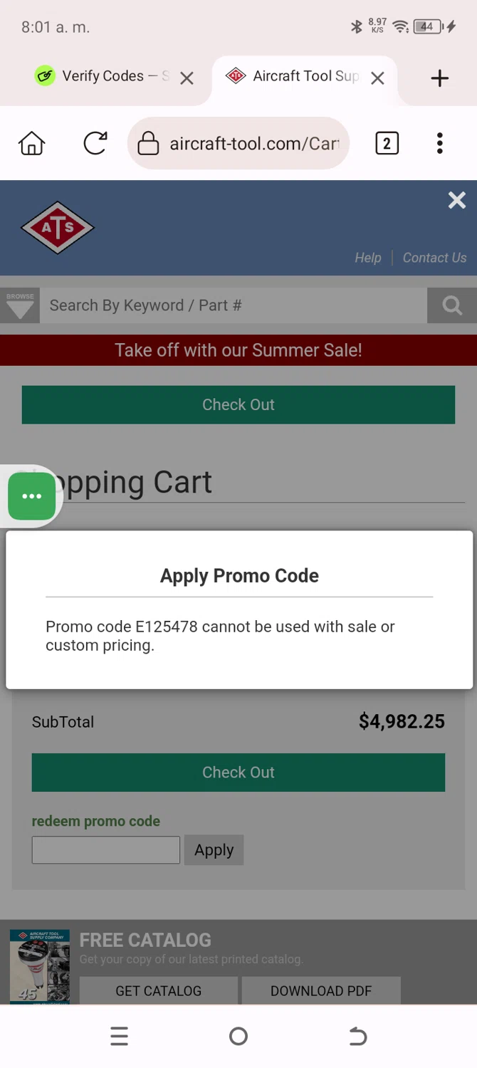 Aircraft Tool Supply promo code screenshot showing code E125478 applied at Aircraft Tool Supply checkout page. Uploaded by SimplyCodes community member SavingsWarden235 on Jul 27, 2025