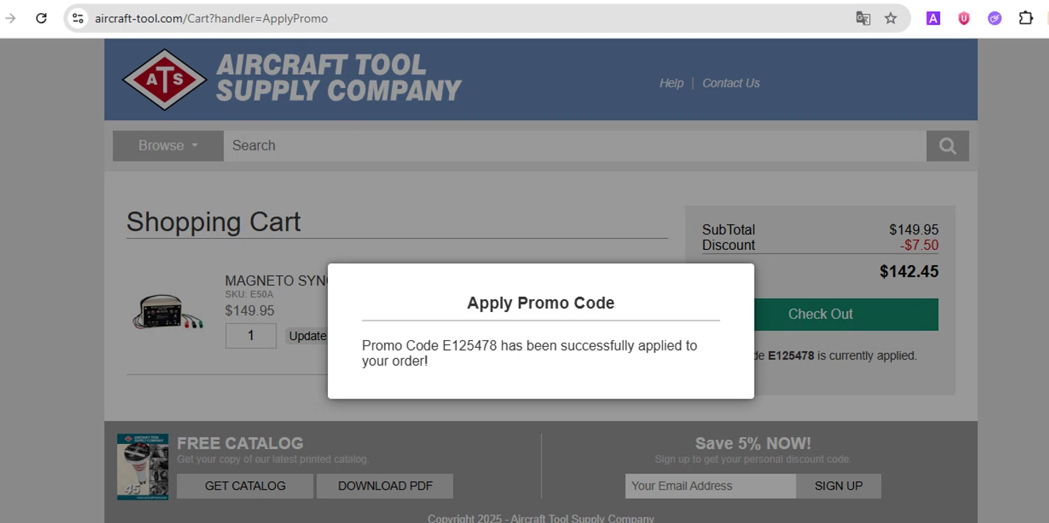 Aircraft Tool Supply promo code screenshot showing code E125478 applied at Aircraft Tool Supply checkout page. Uploaded by SimplyCodes community member TokenScout7028 on Jun 21, 2025