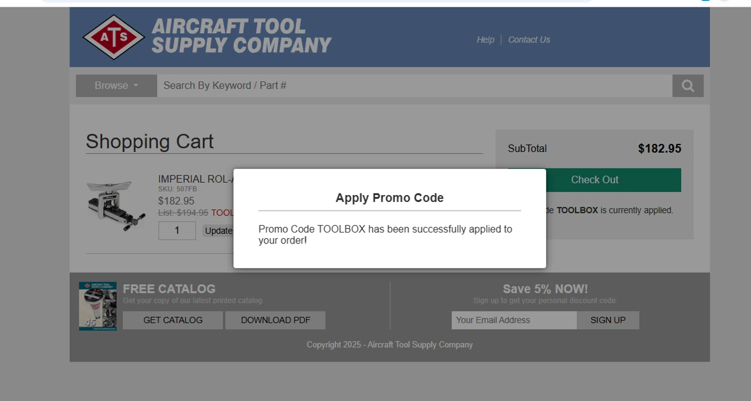 Aircraft Tool Supply promo code screenshot showing code TOOLBOX applied at Aircraft Tool Supply checkout page. Uploaded by SimplyCodes community member shark12 on Sep 30, 2025