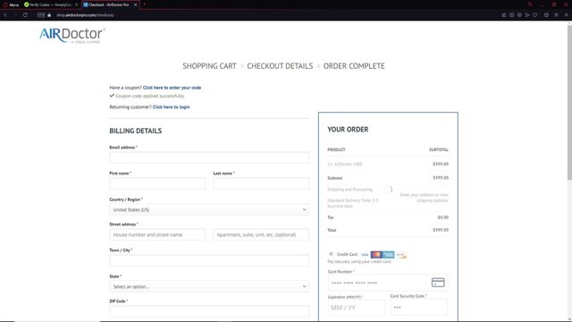 AirDoctor checkout page showing AirDoctor coupon code box | Screenshot taken by SimplyCodes community member on Mar 29, 2025