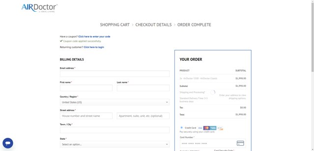 AirDoctor checkout page showing AirDoctor coupon code box | Screenshot taken by SimplyCodes community member on Jul 18, 2025