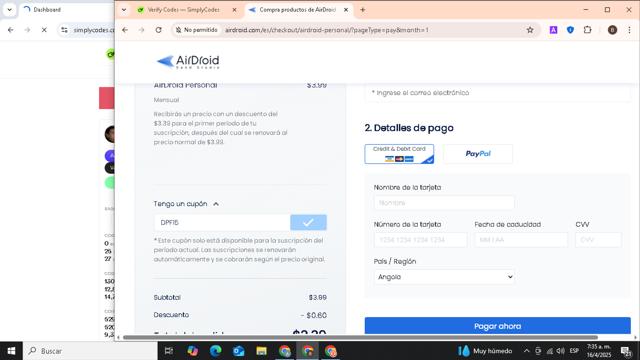 AirDroid checkout page showing AirDroid promo code box | Screenshot taken by SimplyCodes community member on Apr 16, 2025