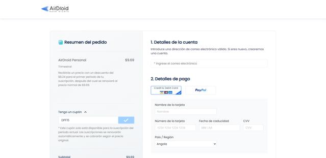 AirDroid checkout page showing AirDroid promo code box | Screenshot taken by SimplyCodes community member on Mar 18, 2025