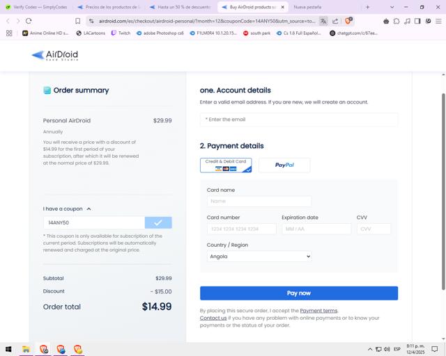 AirDroid checkout page showing AirDroid promo code box | Screenshot taken by SimplyCodes community member on Apr 13, 2025