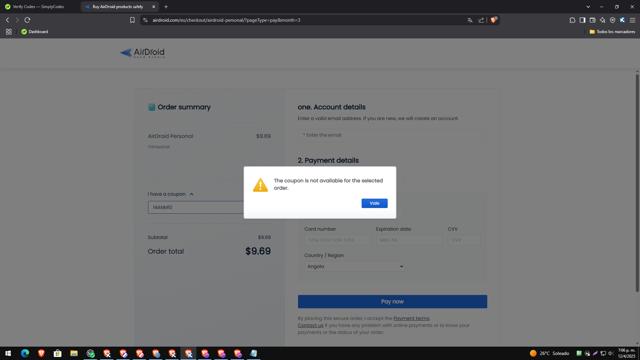 AirDroid checkout page showing AirDroid promo code box | Screenshot taken by SimplyCodes community member on Apr 12, 2025