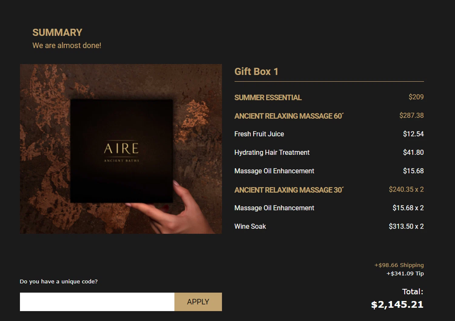AIRE Ancient Baths checkout page showing AIRE Ancient Baths discount code box | Screenshot taken by SimplyCodes community member on Aug 21, 2024