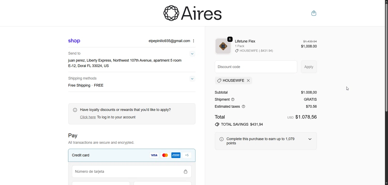 Aires Tech discount code screenshot showing code HOUSEWIFE applied at Aires Tech checkout page. Uploaded by SimplyCodes community member Enmanuel99 on Dec 15, 2025