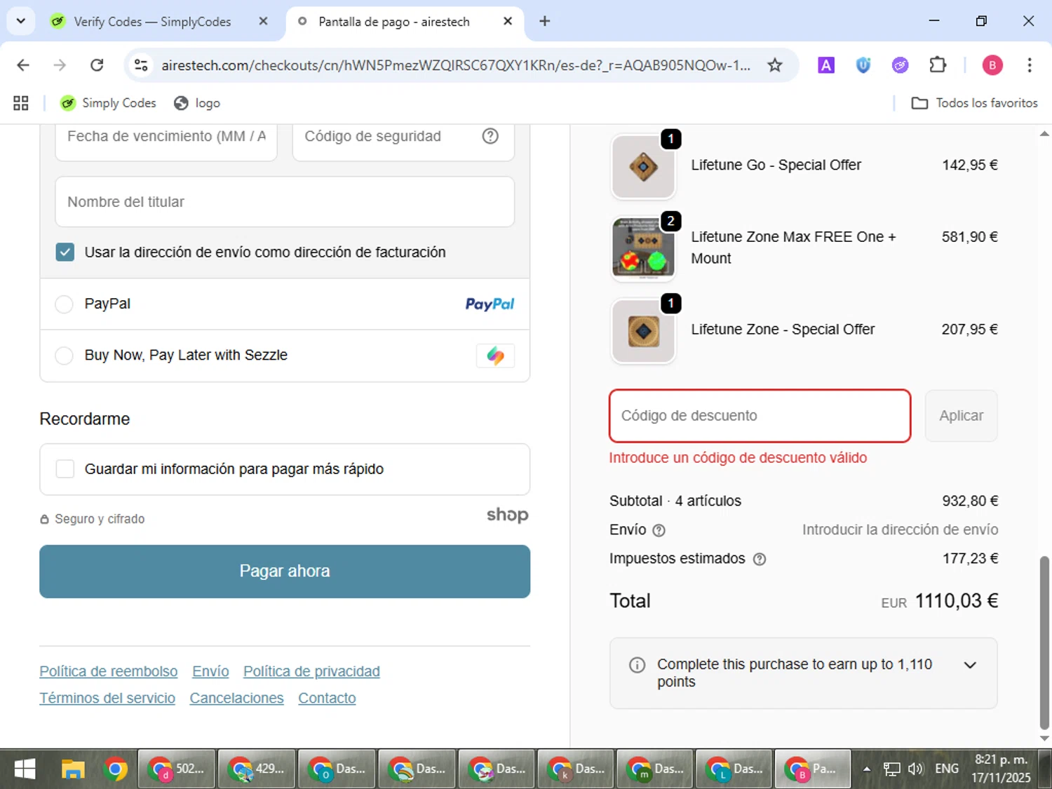 Aires Tech discount code screenshot showing code HOUSEWIFE applied at Aires Tech checkout page. Uploaded by SimplyCodes community member bombontropical on Nov 18, 2025