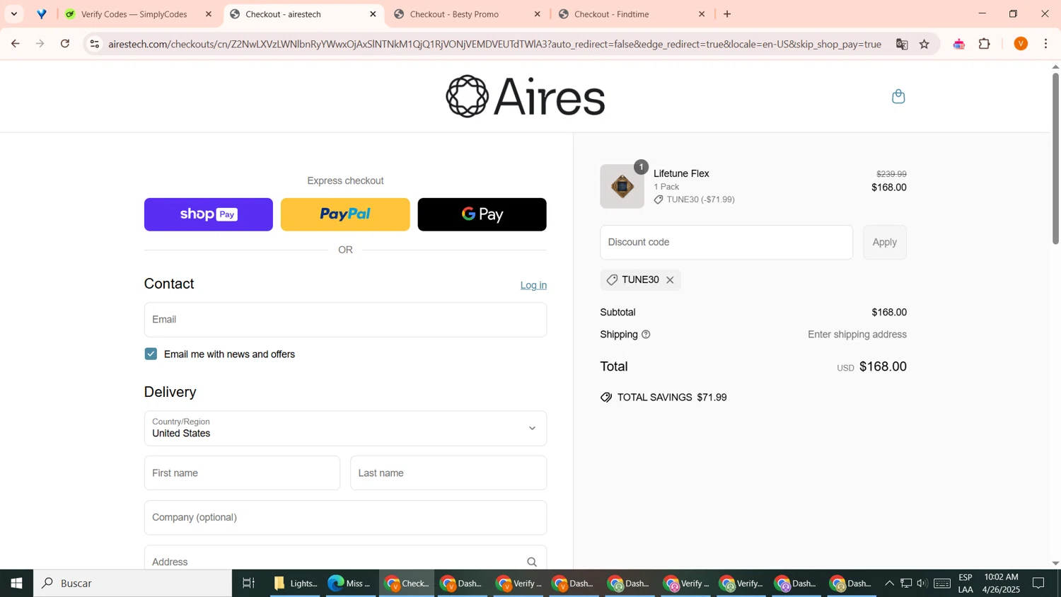 Aires Tech discount code screenshot showing code TUNE30 applied at Aires Tech checkout page. Uploaded by SimplyCodes community member GoldDefender8866 on Apr 26, 2025