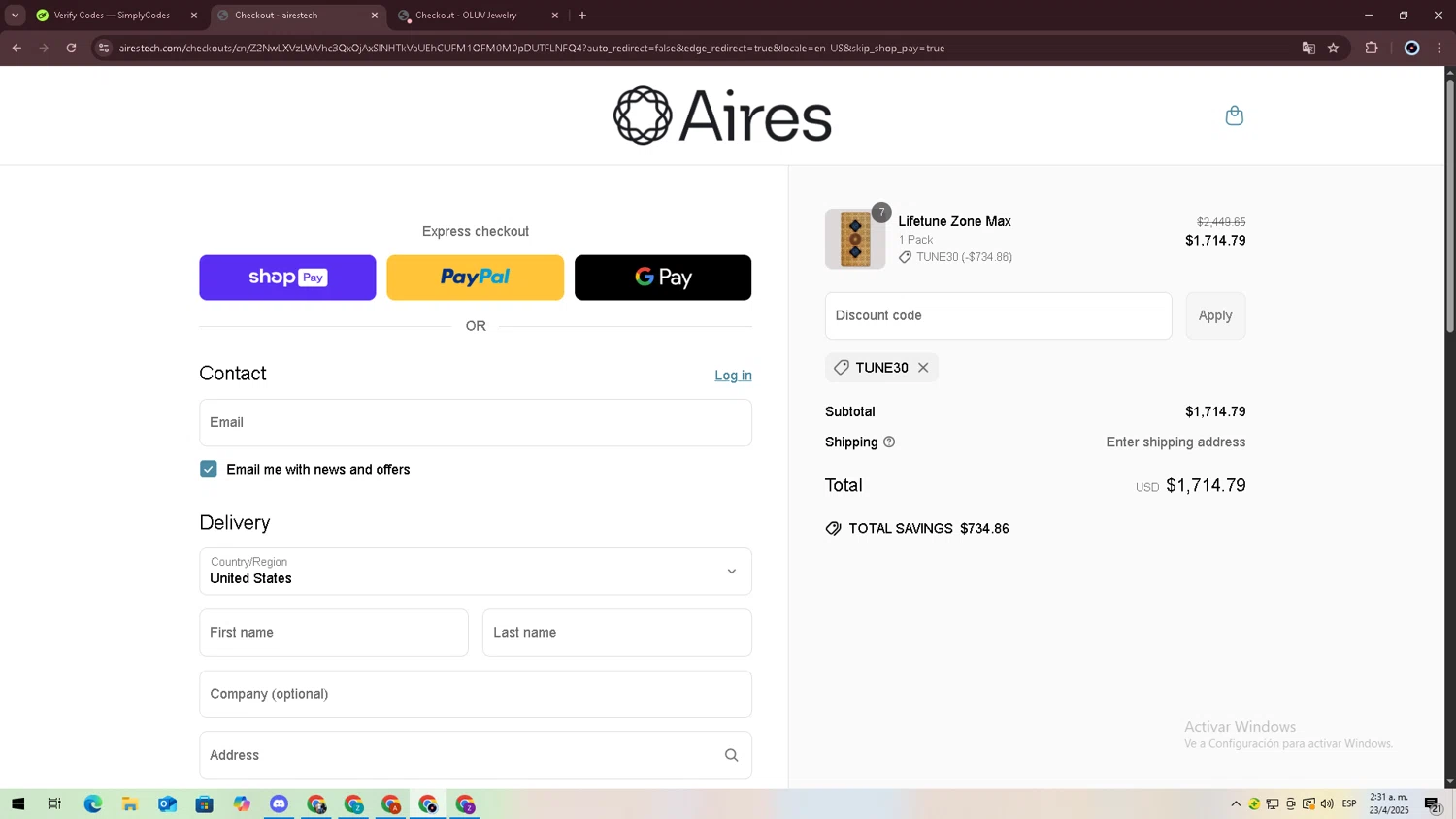 Aires Tech discount code screenshot showing code TUNE30 applied at Aires Tech checkout page. Uploaded by SimplyCodes community member jessrodrguez2 on Apr 23, 2025
