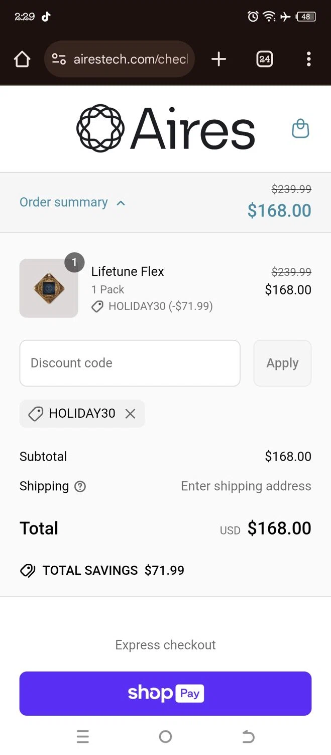 Aires Tech discount code screenshot showing code HOLIDAY30 applied at Aires Tech checkout page. Uploaded by SimplyCodes community member WonderW on Apr 23, 2025