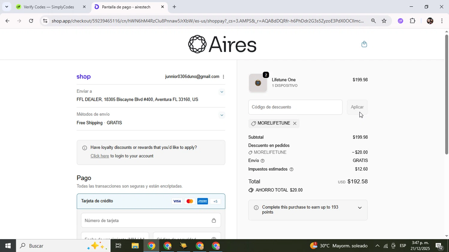 Aires Tech promo code screenshot showing code MORELIFETUNE applied at Aires Tech checkout page. Uploaded by SimplyCodes community member Junniorduno on Dec 21, 2025