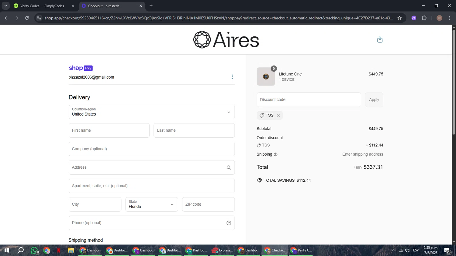 Aires Tech discount code screenshot showing code TSS applied at Aires Tech checkout page. Uploaded by SimplyCodes community member DiscountPioneer2554 on Jun 7, 2025