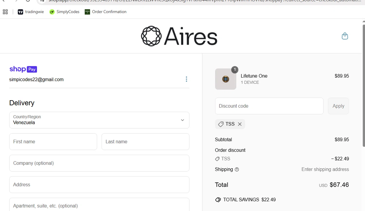 Aires Tech discount code screenshot showing code TSS applied at Aires Tech checkout page. Uploaded by SimplyCodes community member JoseH45 on Jun 7, 2025