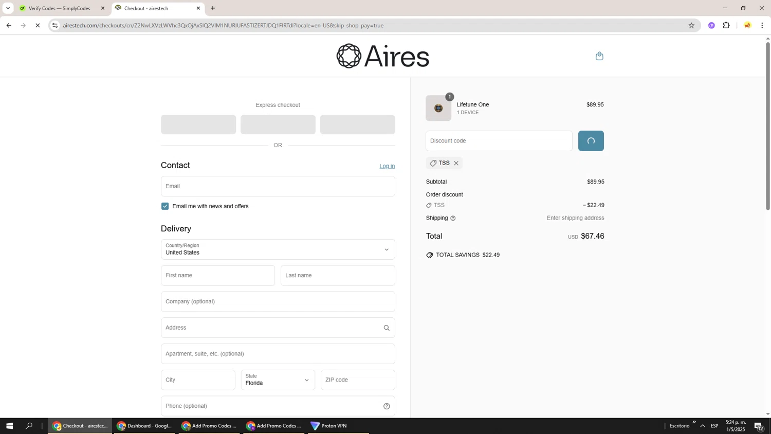 Aires Tech discount code screenshot showing code TSS applied at Aires Tech checkout page. Uploaded by SimplyCodes community member Richard251 on May 1, 2025