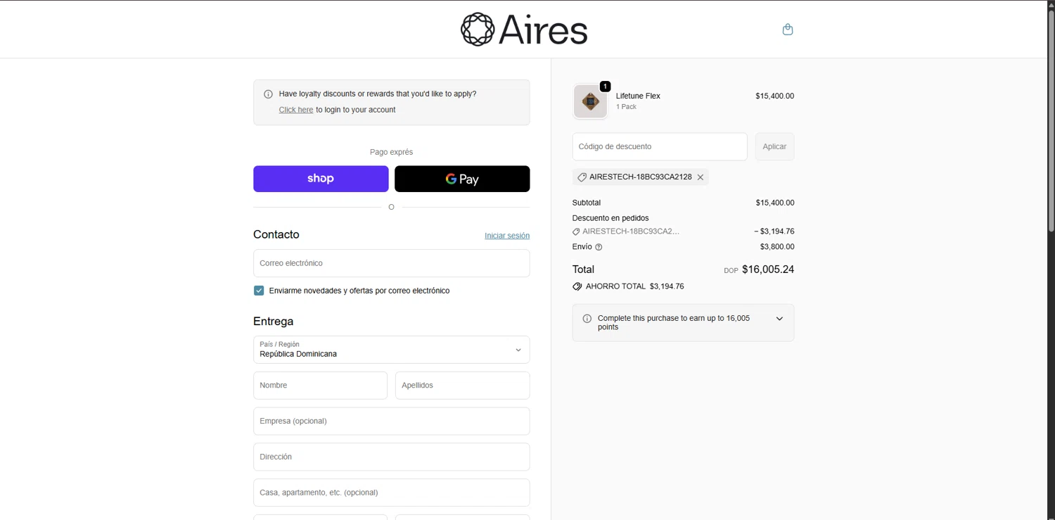 Aires Tech promo code screenshot showing code AIRESTECH-18BC93CA2128 applied at Aires Tech checkout page. Uploaded by SimplyCodes community member SavvyAdmiral5612 on Dec 21, 2025