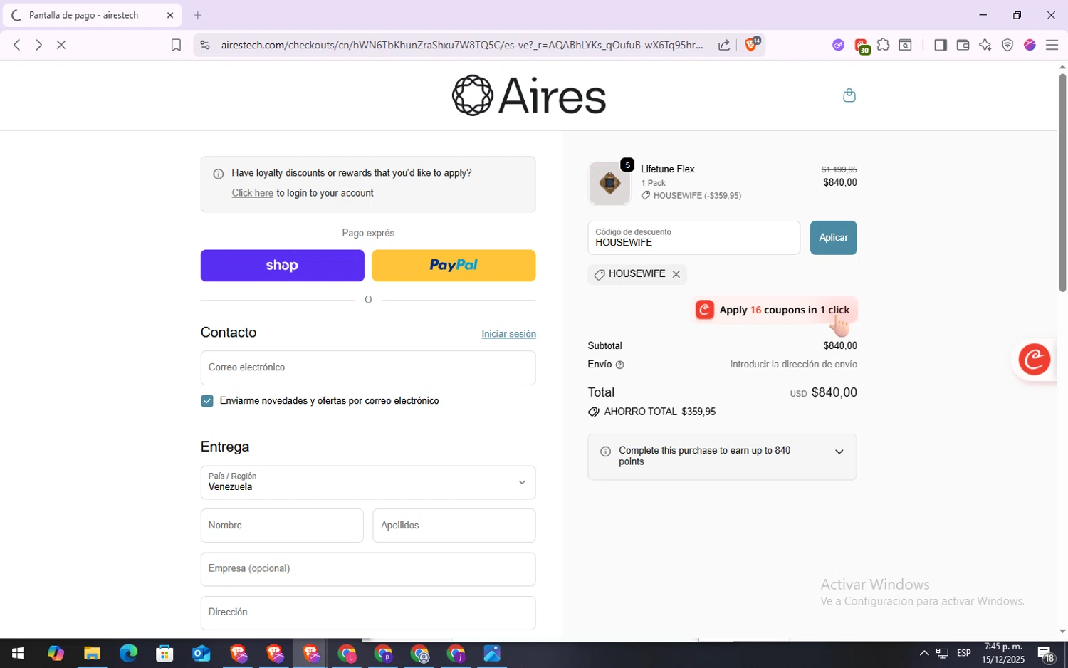 Aires Tech discount code screenshot showing code HOUSEWIFE applied at Aires Tech checkout page. Uploaded by SimplyCodes community member VoucherSpotter6910 on Dec 15, 2025