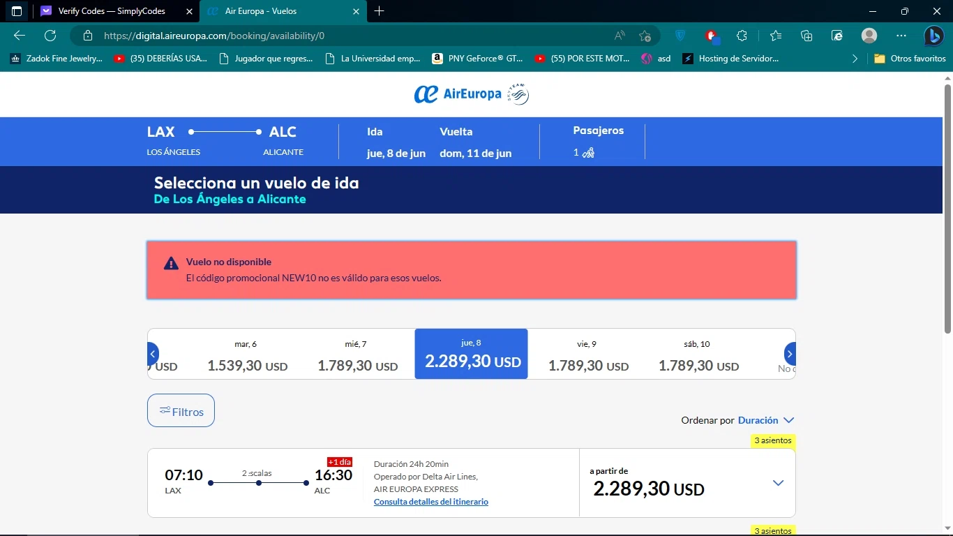 Air Europa checkout page showing Air Europa promo code box | Screenshot taken by SimplyCodes community member on May 31, 2023