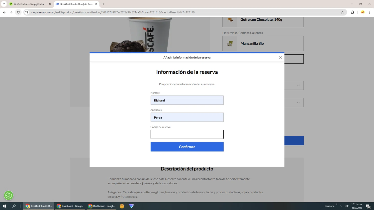 Air Europa promo code screenshot showing code CHRISTMAS24 applied at Air Europa checkout page. Uploaded by SimplyCodes community member Richard251 on Mar 16, 2025