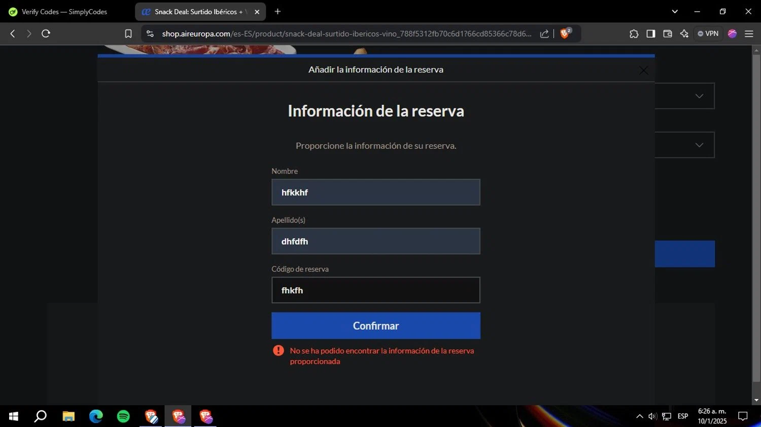 Air Europa promo code screenshot showing code CHRISTMAS24 applied at Air Europa checkout page. Uploaded by SimplyCodes community member Yoseff_3 on Jan 10, 2025