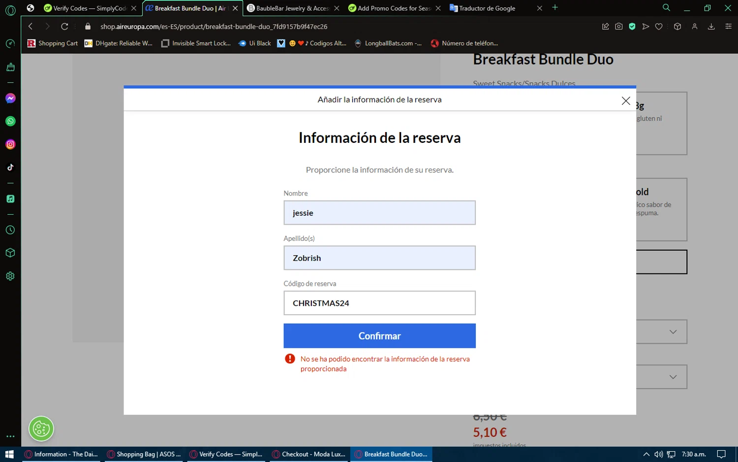 Air Europa promo code screenshot showing code CHRISTMAS24 applied at Air Europa checkout page. Uploaded by SimplyCodes community member RoyalHawk6408 on Jan 10, 2025