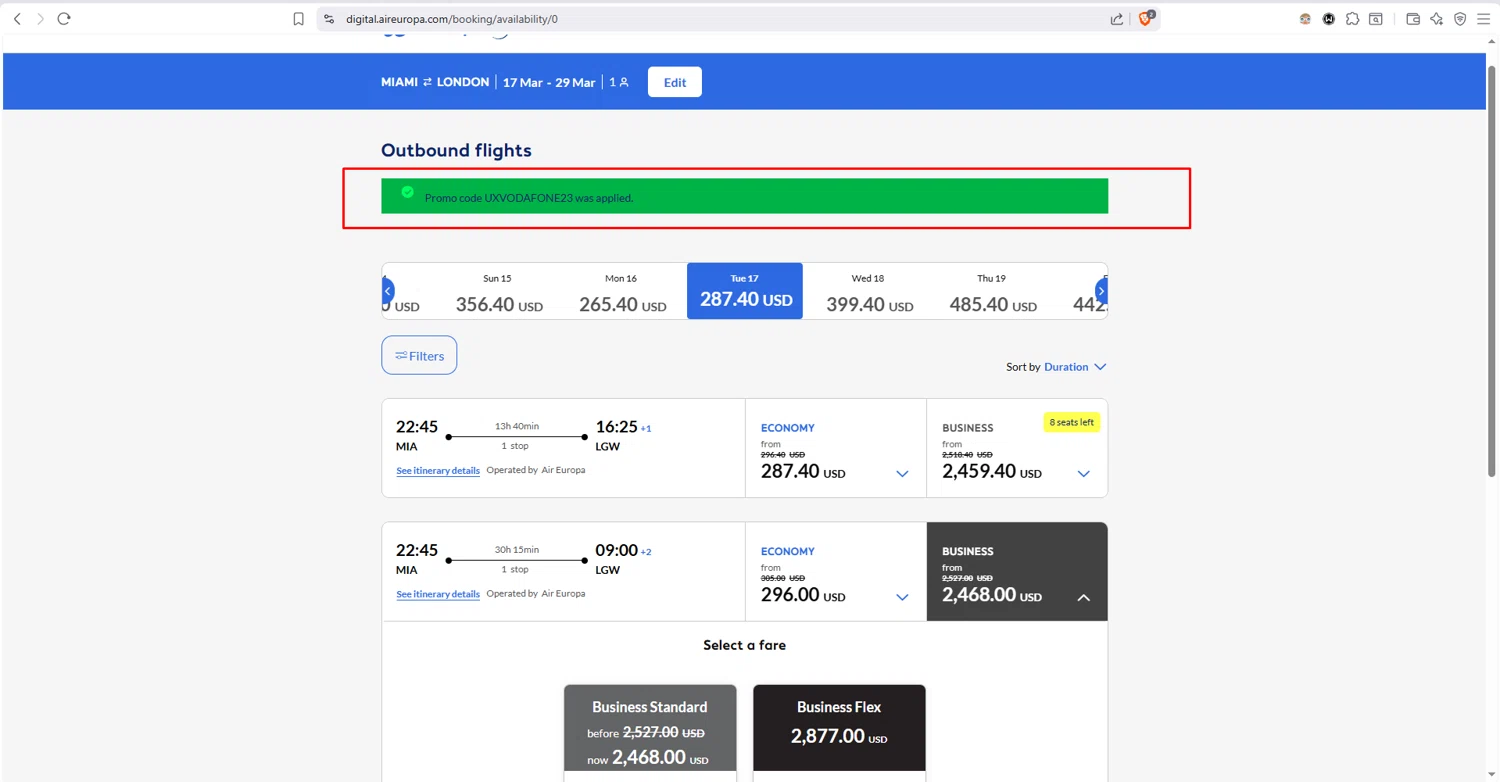 Air Europa checkout page showing Air Europa promo code box | Screenshot taken by SimplyCodes community member on Feb 2, 2026