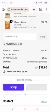 WELCOME15 coupon verification screenshot