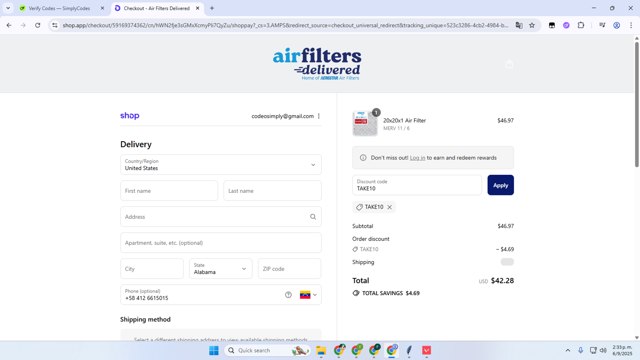 Air Filters Delivered checkout page showing Air Filters Delivered coupon code box | Screenshot taken by SimplyCodes community member on Sep 6, 2025