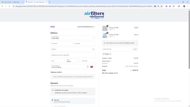 Air Filters Delivered checkout page showing Air Filters Delivered coupon code box | Screenshot taken by SimplyCodes community member on Sep 6, 2025