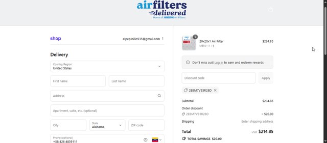Air Filters Delivered checkout page showing Air Filters Delivered coupon code box | Screenshot taken by SimplyCodes community member on Sep 6, 2025