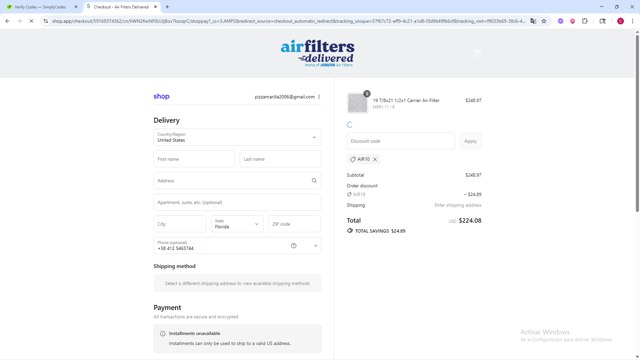 Air Filters Delivered checkout page showing Air Filters Delivered coupon code box | Screenshot taken by SimplyCodes community member on Sep 6, 2025