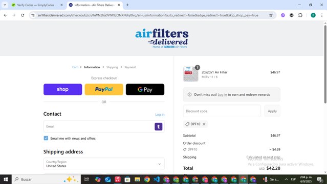 Air Filters Delivered checkout page showing Air Filters Delivered coupon code box | Screenshot taken by SimplyCodes community member on Sep 6, 2025
