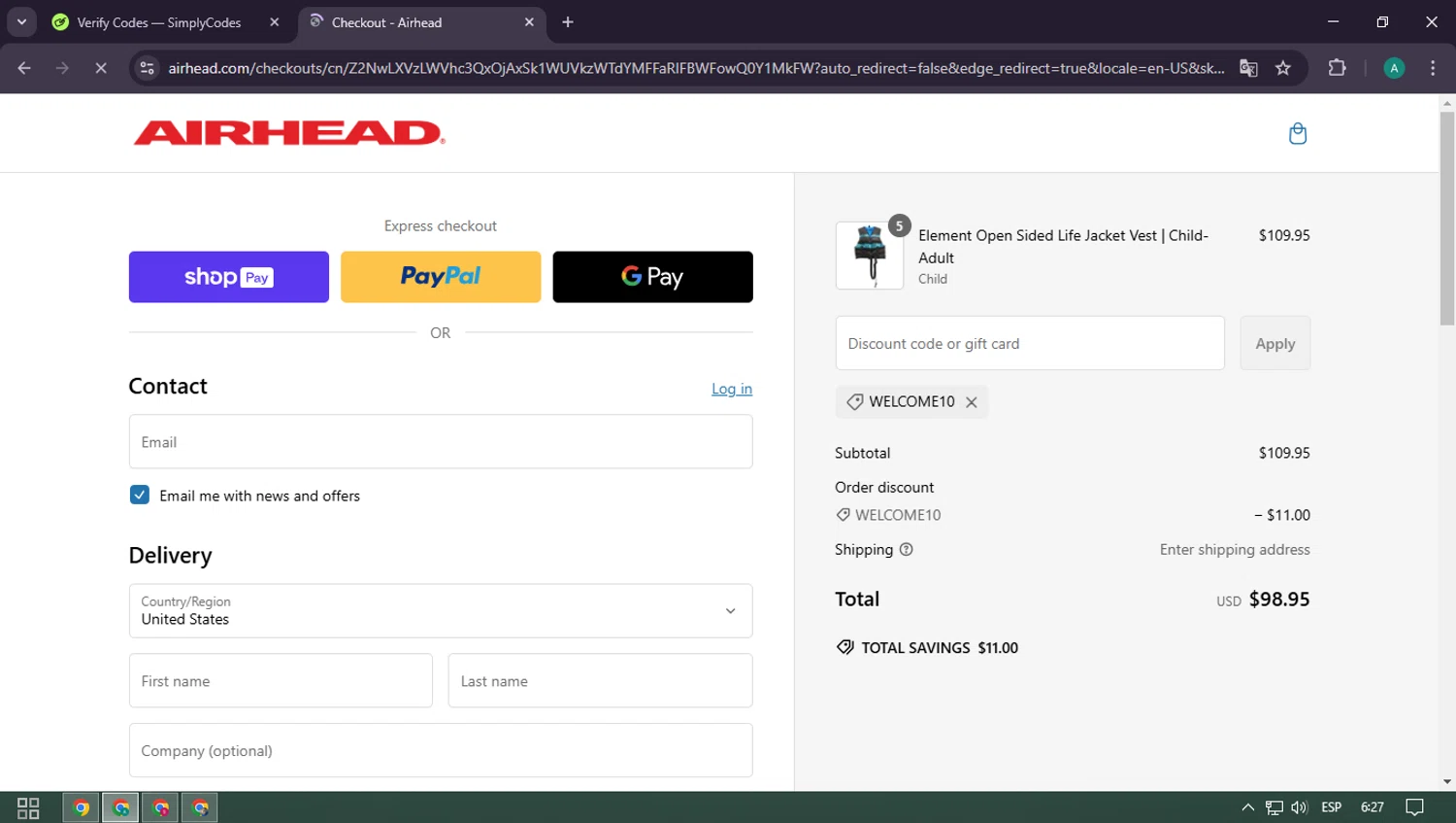 Airhead promo code screenshot showing code welcome10 applied at Airhead checkout page. Uploaded by SimplyCodes community member CarlOz on Feb 24, 2025